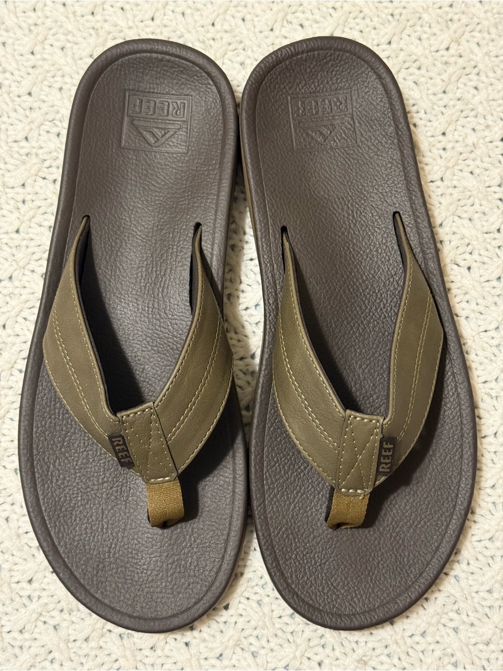 Reef Men’s Brown Leather-Like Flip Flops - Olive Straps
